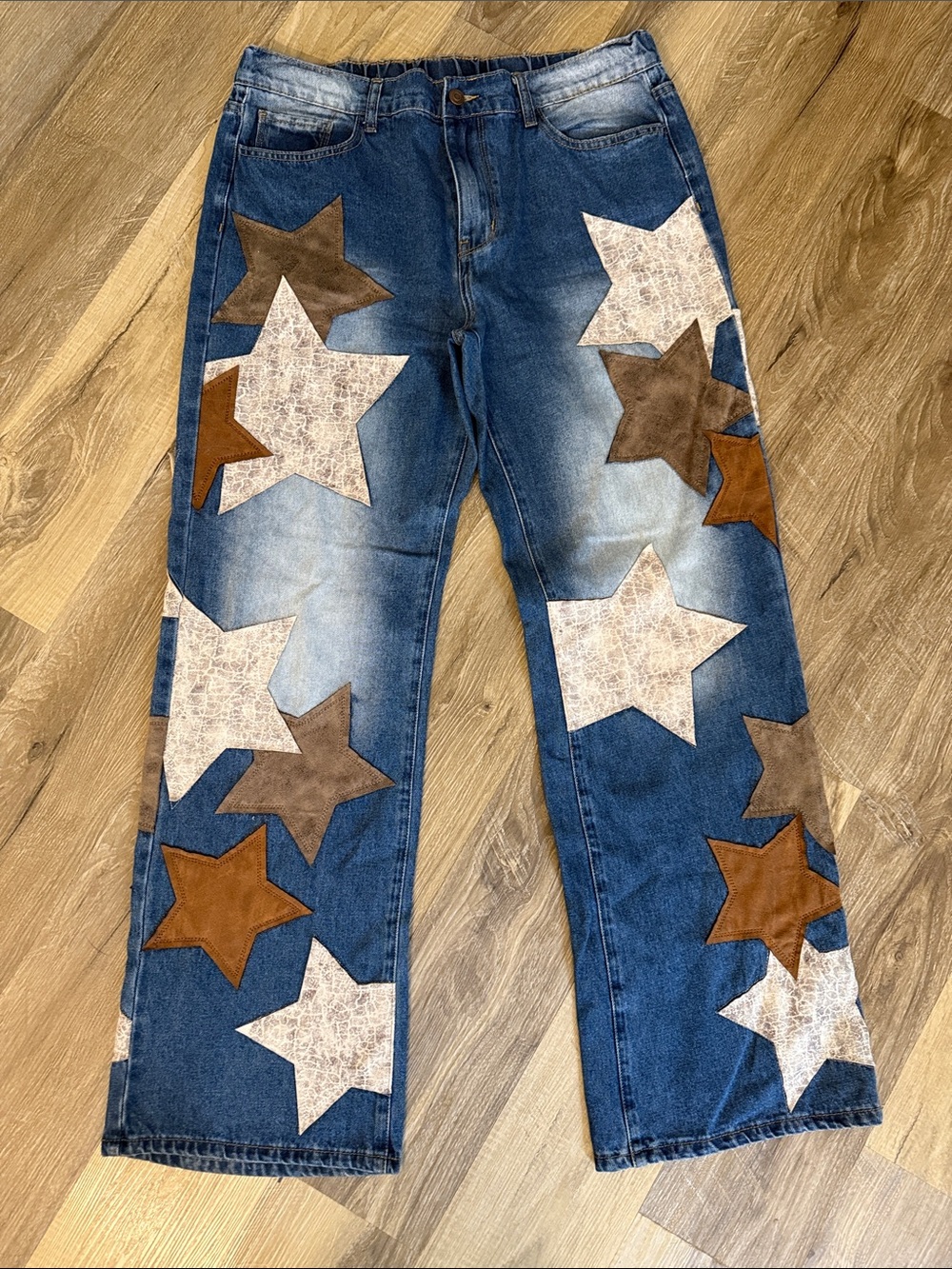 Oli & Hali Blue Jeans with Brown and Cream Star Patches